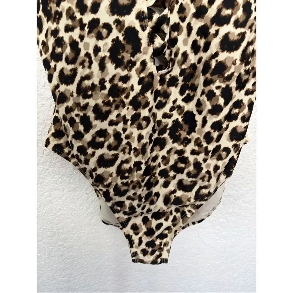 BLEU Rod Beattie Skin Games Lace-Up One-Piece Swimsuit in Leopard Print Size 14